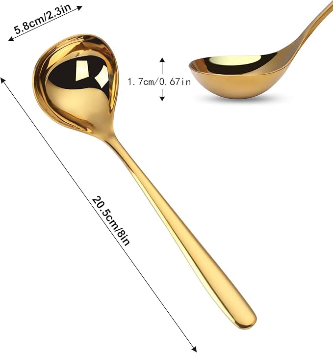 Comicfs 4 Pack Small Soup Ladles, Sauce ladles, SUS 304 Stainless Steel Small Serving Ladle, Gravy Soup Spoon Ladles 8-Inch (Gold) - Image 2