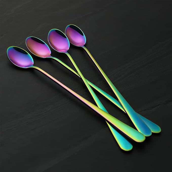 IQCWOOD Rainbow Long Handle Iced Tea Spoons, 9-Inch Ice Cream Coffee Stirring Spoons, Set of 4
