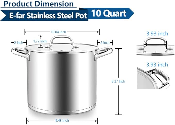 E-far 10 Quart Pot, Stainless Steel Stock Cooking Pot with Glass Lid for Soup Canning Stewing Simmering, Heavy Duty Large Cookware with Triply Base for Induction Gas Ceramic Stoves, Dishwasher Safe - Image 2