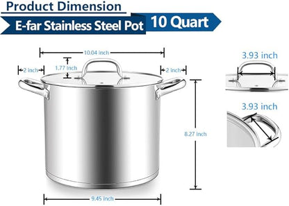 E-far 10 Quart Pot, Stainless Steel Stock Cooking Pot with Glass Lid for Soup Canning Stewing Simmering, Heavy Duty Large Cookware with Triply Base for Induction Gas Ceramic Stoves, Dishwasher Safe - Image 2