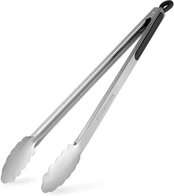 BBQ Tongs for Grilling, 17" Long Kitchen Cooking Stainless Steel Heavy Duty Locking Grill Tongs with Soft Grip Silicone Handle by EC+ELEGANTCHAM
