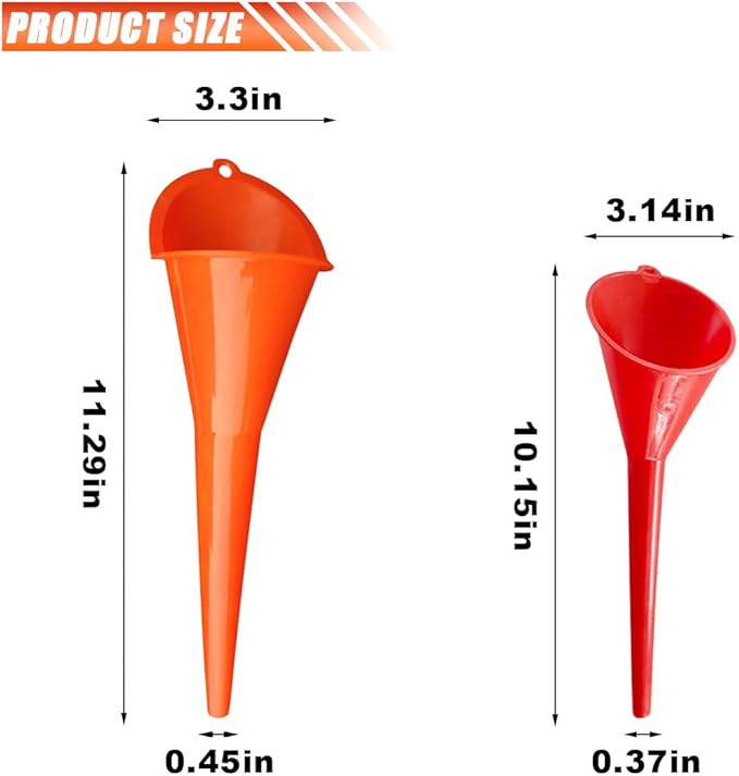 2PCS Long Neck Oil Funnels, Multi-Purpose Spill Saver Funnel, Plastic Funnel for Filling Automotive Oils Lubricants Engine Oils Water Diesel Fuel Kerosene and Other Liquids (Small Red+Orange)