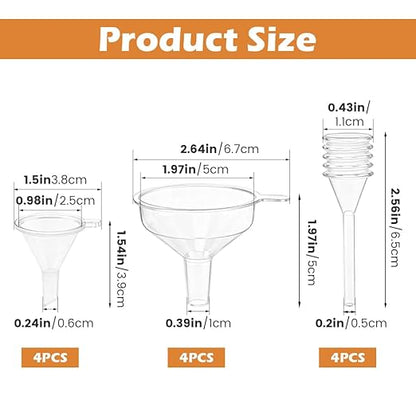 Mini Funnel Kit, 12-Piece Set: 8 Small Funnels (2 Sizes) + 4 Mini Droppers, Food-Grade PP Funnels for Filling Small Bottles, Oils, Spices and Perfume