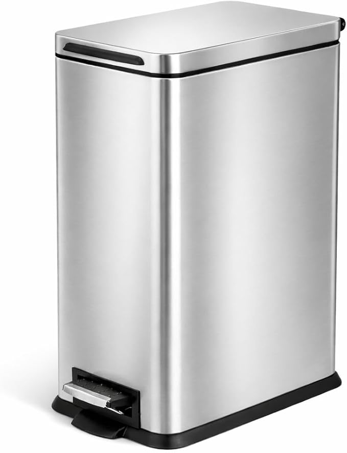 Home Zone Living 4 Gallon Slim Kitchen Trash Can with Soft Close Lid and Step Pedal, Stainless Steel Wastebasket with Removable Liner, Silver by HomeZoneLiving