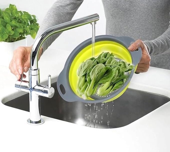 New and improved- Set of 3 Niklye Ultimate Kitchen Strainers—1×10” & 2×12” Collapsible Silicone Colanders. Now more durable and robust for everyday use with pasta, veggies, fruit & more. - Image 4