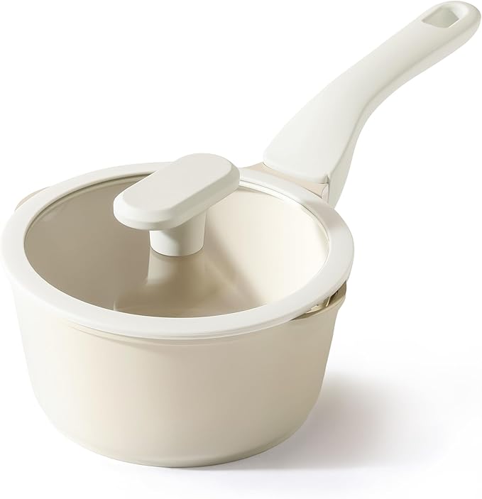 PRICUSIS Ceramic Nonstick Saucepan with Lid, 1.3 Quart Non Toxic Pot with Pour Spouts, Full Coated, 100% Dishwasher Safe, Induction Compatible & Oven Safe, PTFE PFAS & PFOA Free, Coconut White by PRICUSIS