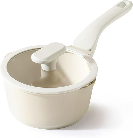 PRICUSIS Ceramic Nonstick Saucepan with Lid, 1.3 Quart Non Toxic Pot with Pour Spouts, Full Coated, 100% Dishwasher Safe, Induction Compatible & Oven Safe, PTFE PFAS & PFOA Free, Coconut White by PRICUSIS