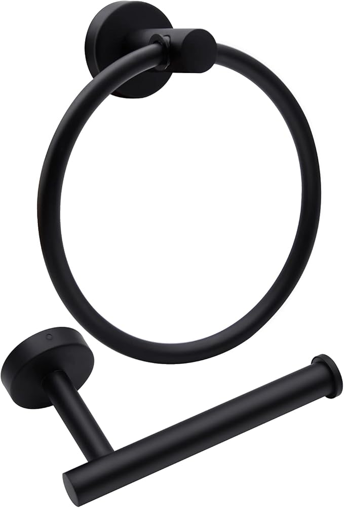 2pcs Matte Black Toilet Paper Holder and Towel Ring Set, Stainless Steel Hand Towel Holder and Towel Hanger with Hardware Pack