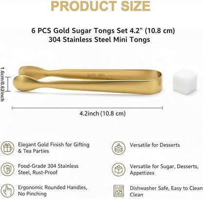 6 PCS Gold Sugar Tongs Set – 304 Stainless Steel Mini Tongs for Tea Parties, Desserts & Sugar Cubes | Elegant, Dishwasher Safe, Rounded Edges - Image 3