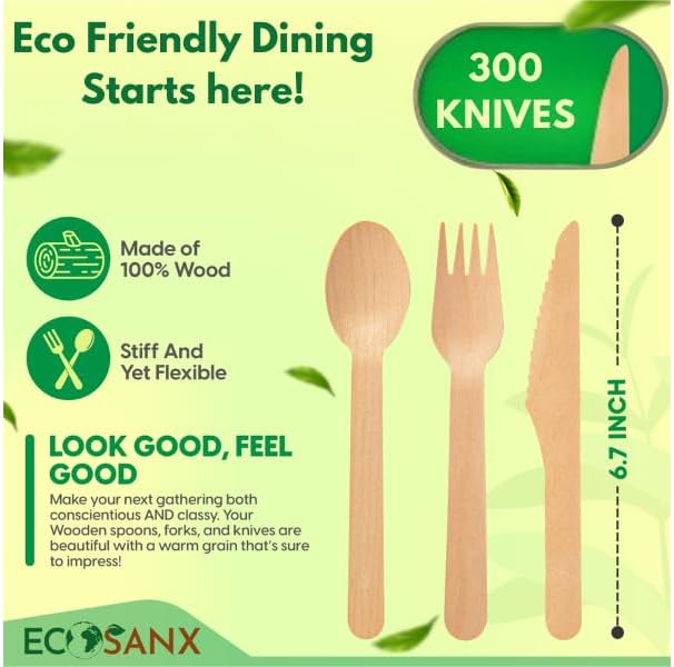 300 PCs Wooden disposable knives for eating, Splinter Free compostable knives - Eco-Friendly - 100% Natural wooden knife for Party & Events - Disposable wooden cutlery for Outdoor, Travelling & More - Image 2
