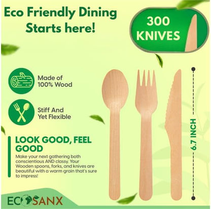 300 PCs Wooden disposable knives for eating, Splinter Free compostable knives - Eco-Friendly - 100% Natural wooden knife for Party & Events - Disposable wooden cutlery for Outdoor, Travelling & More - Image 2