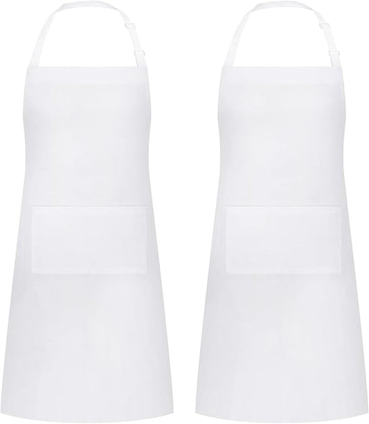 2 Packs White Apron, Adjustable Cooking Aprons, Waterdrop Resistant Kitchen Aprons for Women Men Chef, BBQ Drawing(White,2)
