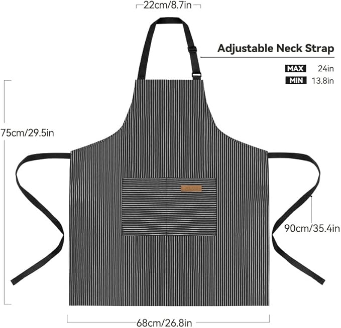 NLUS 2 Pack Kitchen Cooking Aprons, Adjustable Bib Soft Chef Apron with 2 Pockets for Men Women (Black Pinstripes/Pink Pinstripes) - Image 2