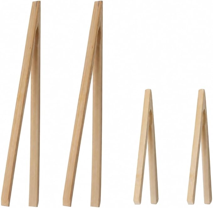 HIC Kitchen Toast Tong Set, Natural Bamboo, 4-Piece Set, Includes 2 Each 6.5 and 12-Inch Tongs