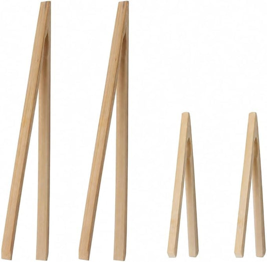 HIC Kitchen Toast Tong Set, Natural Bamboo, 4-Piece Set, Includes 2 Each 6.5 and 12-Inch Tongs