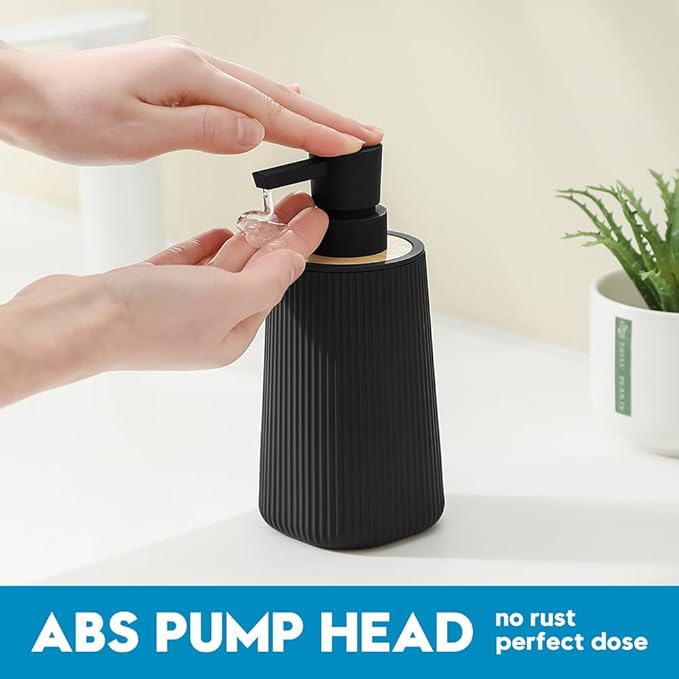 Small Soap Dispenser for Bathroom and Kitchen, Modern Farmhouse Striped Style Plastic Hand Soap Dish Soap Dispenser with Bamboo Decor Black - Image 4