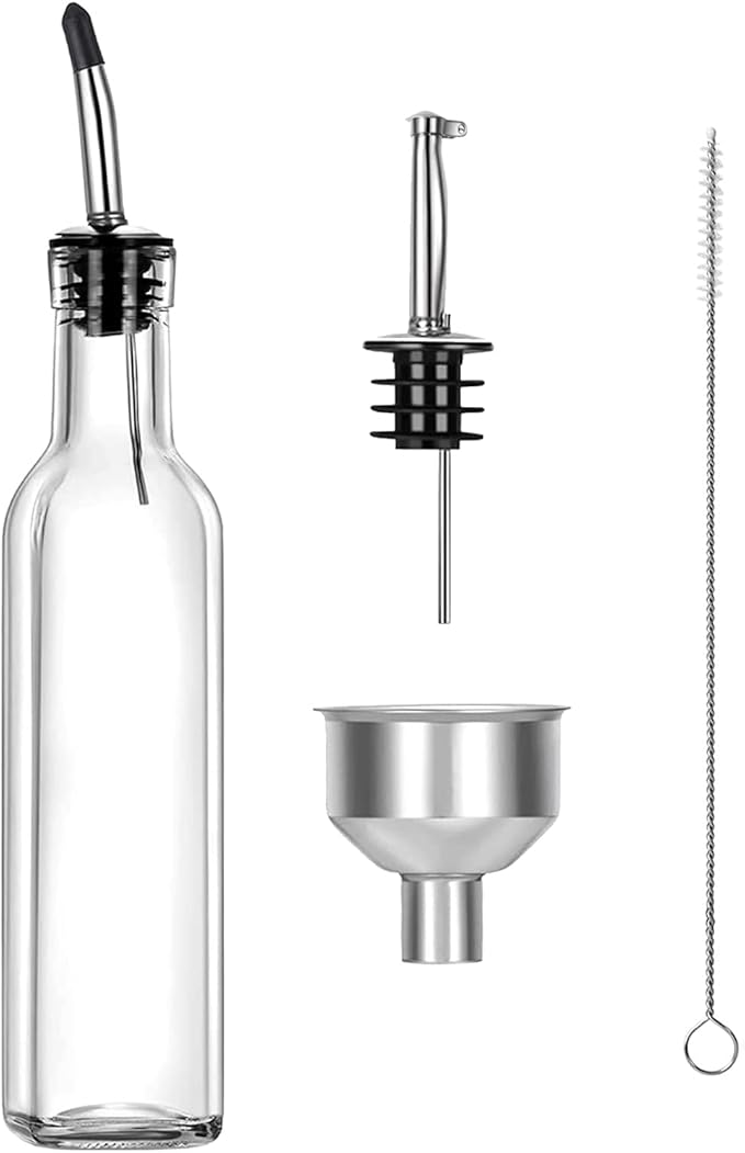 Olive Oil Dispenser 8 Oz, Oil Vinegar Cruet, Square Tall Glass Bottle W/Stainless Steel Pourer Spout & Stainless Steel Funnel SET OF 250 ML by Gusnilo