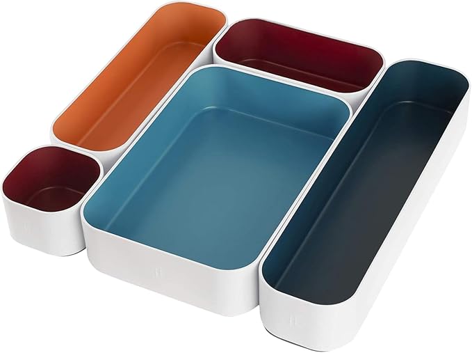Three by Three Seattle 5 Piece Metal Organizer Tray Set for Storing Makeup, Stationery, Utensils, and More in Office Desk, Kitchen and Bathroom Drawers (2 Inch, Assorted Blue Berry and Sunset) by ThreebyThreeSeattle