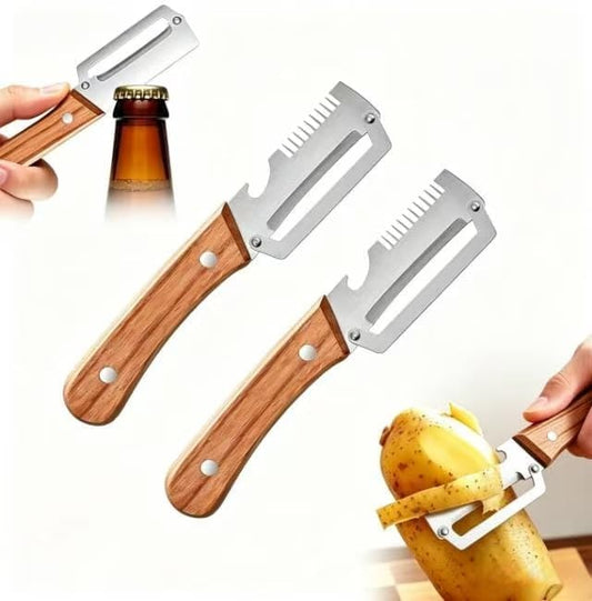 Multifunctional Vegetable Peeler, 3-in-1 Peelers For Kitchen with Bottle Opener, Sharp Stainless Steel Swivel Blade, Wooden Handle, For Vegetables or Fruits that Need to Be Peeled (1)2PCS