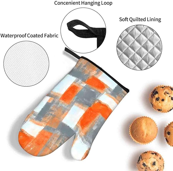 LOKMU Oven Mitts and Pot Holders Set of 3, Orange and Grey White Abstract Art Heat Resistant Kitchen Gloves Hot Pads for Cooking Baking BBQ, Kitchen Decor Gifts for Cooking Lover Cooks