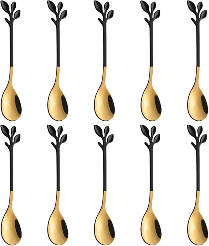 AnSaw Small Coffee Spoon Holder Set,Black Swan Base With 10 Pcs Black & Gold Demitasse Espresso Spoons Set,4.7" Mini Leaf Dessert Spoon,Stainless Steel Tea Spoons - Image 4