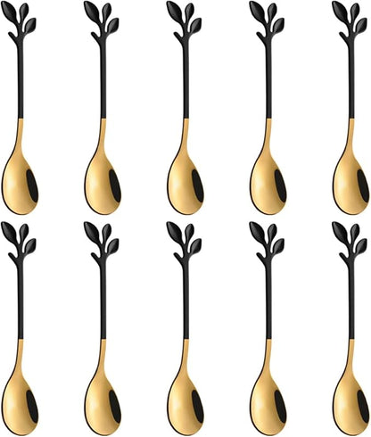 AnSaw Small Coffee Spoon Holder Set,Black Swan Base With 10 Pcs Black & Gold Demitasse Espresso Spoons Set,4.7" Mini Leaf Dessert Spoon,Stainless Steel Tea Spoons - Image 4