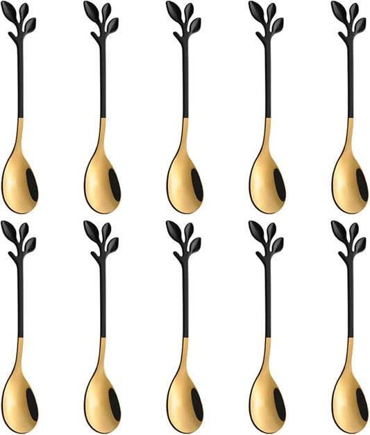 AnSaw Elegant Black & Gold Leaf Espresso Spoons - 10-Piece, 4.7" Mini Stainless Steel Coffee & Dessert Tea Spoons, Perfect for Demitasse & Small Servings by AnSaw