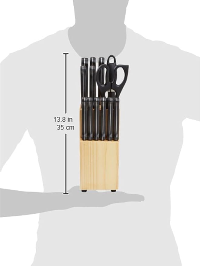 Amazon Basics 14-Piece High Carbon Stainless Steel Kitchen Knife Set with Full Tang Construction, Ergonomic Handles, Sharpener and Pinewood Block, Black - Image 6