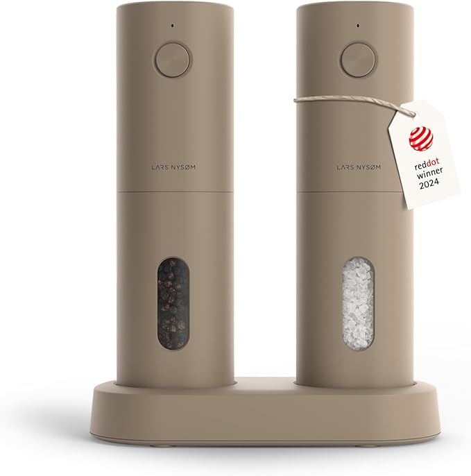 LARS NYSØM Electric Salt and Pepper Grinder Set, USB Rechargeable, Automatic Salt and Pepper Mills, Spice Shakers Refillable with LED Light, Adjustable Coarseness, Ceramic Grinder (Taupe Brown) by LN