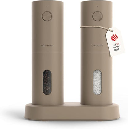 LARS NYSØM Electric Salt and Pepper Grinder Set, USB Rechargeable, Automatic Salt and Pepper Mills, Spice Shakers Refillable with LED Light, Adjustable Coarseness, Ceramic Grinder (Taupe Brown) by LN