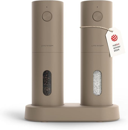 LARS NYSØM Electric Salt and Pepper Grinder Set, USB Rechargeable, Automatic Salt and Pepper Mills, Spice Shakers Refillable with LED Light, Adjustable Coarseness, Ceramic Grinder (Taupe Brown) by LN