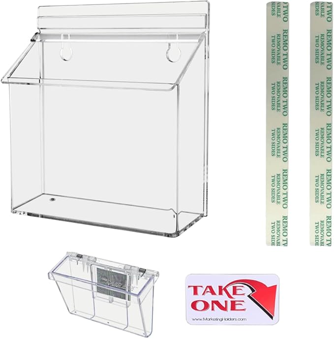 Marketing Holders Outdoor Brochure Holder Holds 7.5" x 5.5" Advertising Postcards and 3.5" x 2" Business Cards Clear Acrylic Wall Mount Box with Lid Includes Take One Sticker and Adhesive Strips