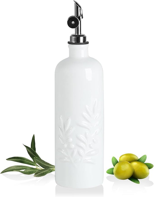 Sweejar 18 Oz Oil Dispenser for Kitchen with Gravity Spout, Ceramic Olive Oil Dispenser Bottle, Relief Opaque Vinegar Container for Evoo, Vinegar, Soy Sauce, Pack of 1(White, Silver Spout) by Sweejarco1949