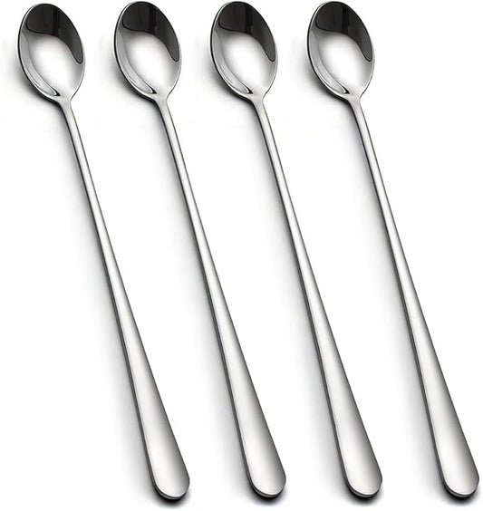 IQCWOOD Long Handle Ice Tea Spoons, 9-Inch Coffee Ice Cream Stainless Steel Cocktail Stirring Spoons, Set of 4