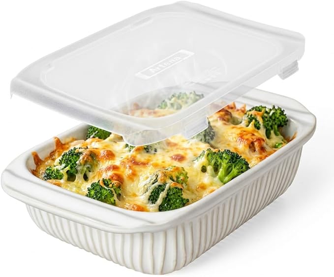 Artena Baking Dish 2.3 Quarts, Casserole Dishes For Oven, Baking Pan With Handles, Lasagna Pan Deep, Large Casserole Dish, Rectangular Ceramic Bakeware, White (Baking Dish With Lids) by Artena