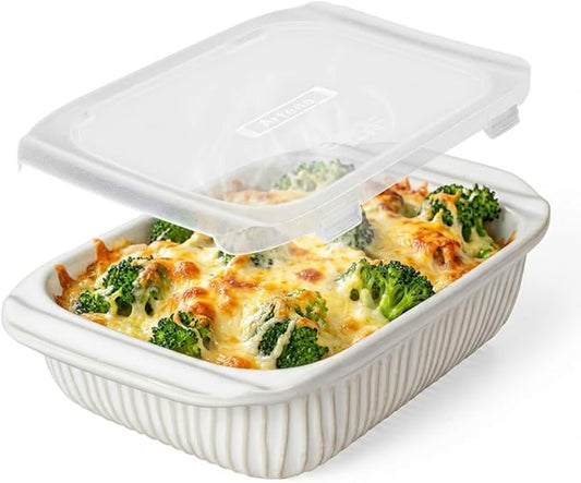 Artena Baking Dish 2.3 Quarts, Casserole Dishes For Oven, Baking Pan With Handles, Lasagna Pan Deep, Large Casserole Dish, Rectangular Ceramic Bakeware, White (Baking Dish With Lids) by Artena