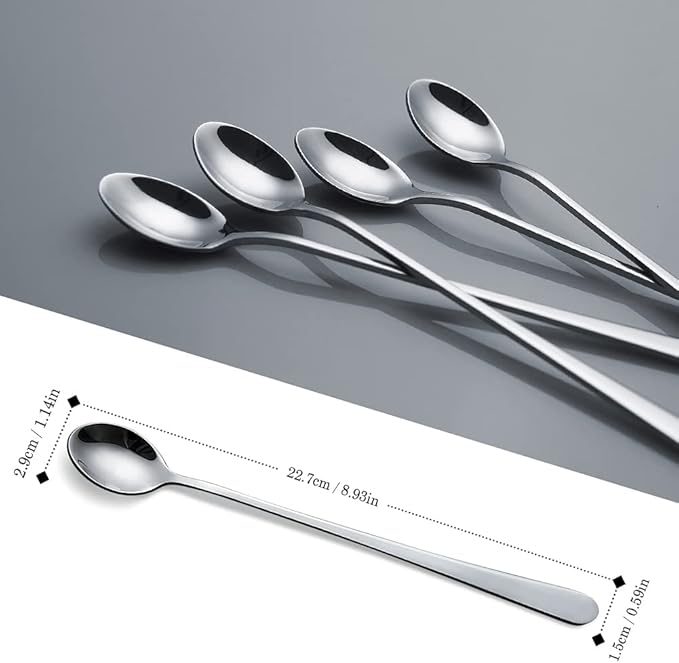 IQCWOOD Long Handle Ice Tea Spoons, 9-Inch Coffee Ice Cream Stainless Steel Cocktail Stirring Spoons, Set of 4