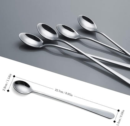 IQCWOOD Long Handle Ice Tea Spoons, 9-Inch Coffee Ice Cream Stainless Steel Cocktail Stirring Spoons, Set of 4