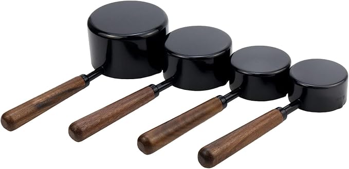 Set of 4 Measuring Cups and Spoons Black Measuring Cups with Wooden Handle Stainless Steel Measuring Spoons and Scoops Set for Kitchen Flour Spice Seasoning Measurement (1+1/2+1/3+1/4 Cup) - Image 2