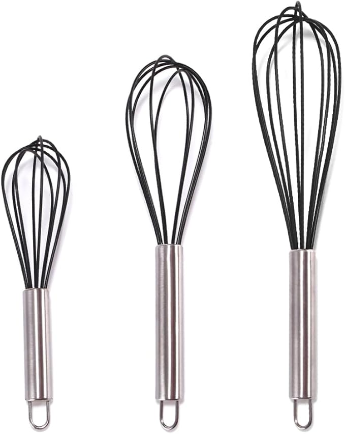 Silicone Whisk set of 3, 8+10+12in Kitchen Balloon Wire Whisks, Hand Egg Mixer Beater for Cooking