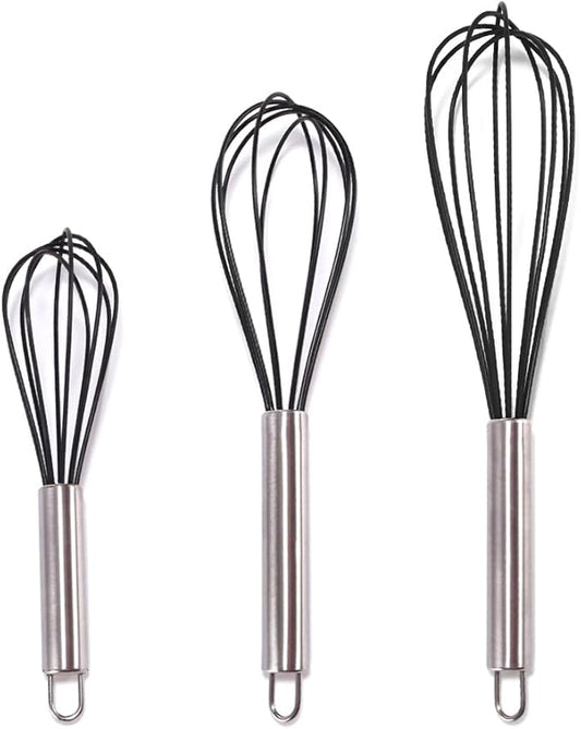 Silicone Whisk set of 3, 8+10+12in Kitchen Balloon Wire Whisks, Hand Egg Mixer Beater for Cooking