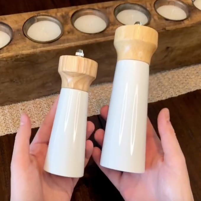 White Salt Grinder Wooden Pepper 8"+6" Salt Grinder Set Pepper Mill Salt & Pepper Shakers - Stainless Ceramic Refillable Stylish for Sea Salt Black Pepper -By Tessïe & Jessïe Lighthouse