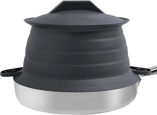 L.I.Q Silicone Splatter Guard – Fits 8 and 10 Inch Pots (20 and 25 Centimeters) – Microwave Safe and Durable SplatterDom - Includes 8” Lid - Food and Oil Splash Guard (Chic Metallic, Small)