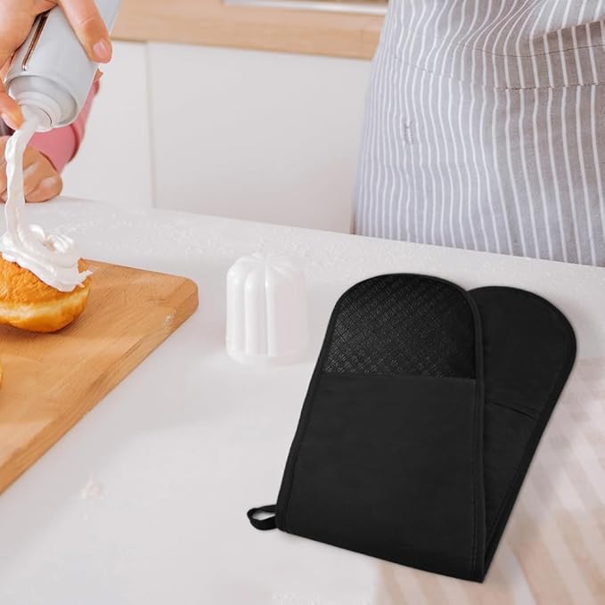 AUAUY Black Double Oven Mitts, 250°C/482°F Heat Resistant BBQ Mittens with Ropes, Silicone Non-Slip Design Kitchen Mittens, Cooking Glove Top Kitchen Gadgets for Cooking Baking Grilling - Image 6