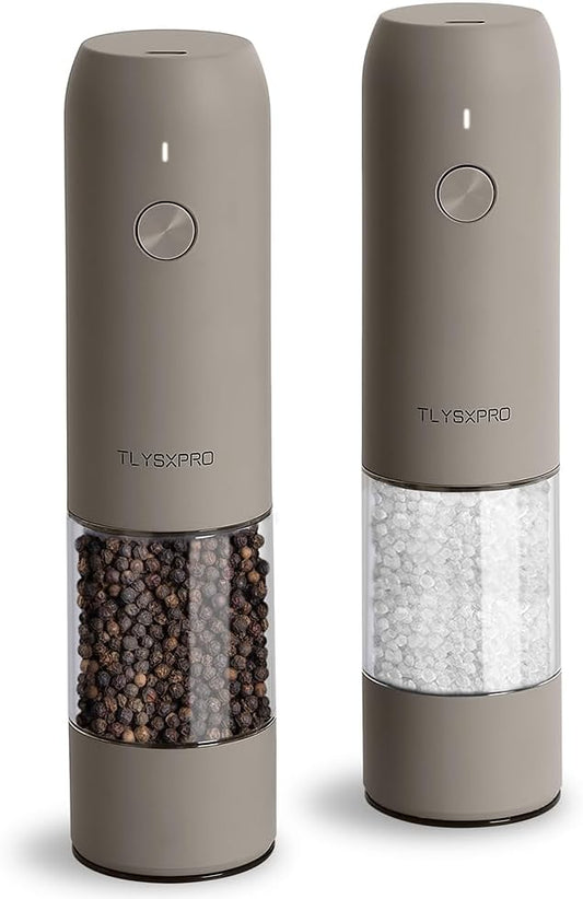 Electric Salt and Pepper Grinder Set, USB Rechargeable, Automatic Salt and Pepper Mill Grinder with Adjustable Coarseness, Electric Salt Shakers, LED Light, Refillable (2 Packs, Greige) by TLYSXPROOfficial