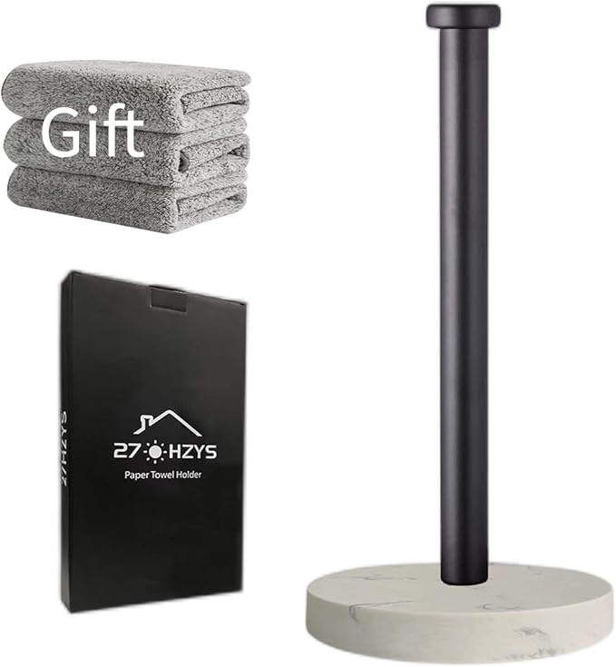 Paper Towel Holder Countertop, Standing Paper Towel Roll Holder for Kitchen Bathroom, with Weighted Marble Base for One-Handed Operation (Black), Black Paper Towel Holder, Marble by Unknown