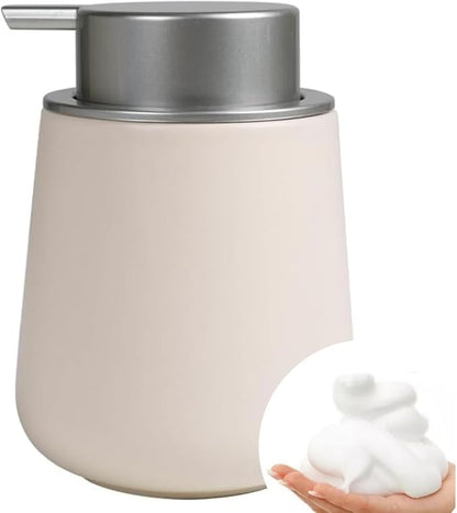 Bosilunlife Ceramic Foaming Soap Dispenser - 12Oz Bathroom Countertop Kitchen Dish Soap Pump Dispenser Foam Soap Dispenser - Beige with Silver