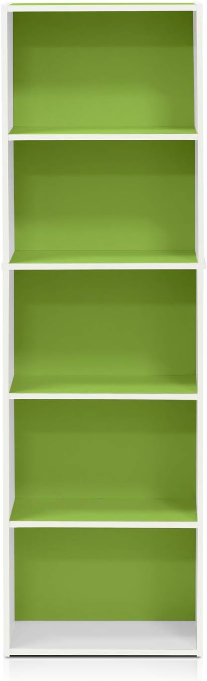 Furinno LUDER Book Shelf, 5-Tier Bookshelf, Bookcase with Open Shelves, 9.4 x 15.8 x 52, Easy Assembly, for Living Room, Bedroom, Home Office, White/Green - Image 7