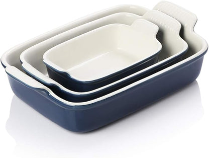 Sweejar Baking Pans Set, Ceramic 9x13 Baking Dish with Handle, Rectangular Casserole Dishes for Oven, Bakeware Sets of 3, Durable Lasagna Pan Deep for Kitchen, Banquet, Wedding Gift(Navy) by Sweejarco1949