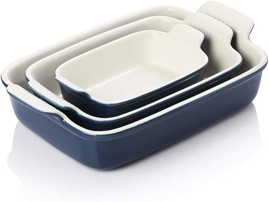 Sweejar Baking Pans Set, Ceramic 9x13 Baking Dish with Handle, Rectangular Casserole Dishes for Oven, Bakeware Sets of 3, Durable Lasagna Pan Deep for Kitchen, Banquet, Wedding Gift(Navy) by Sweejarco1949